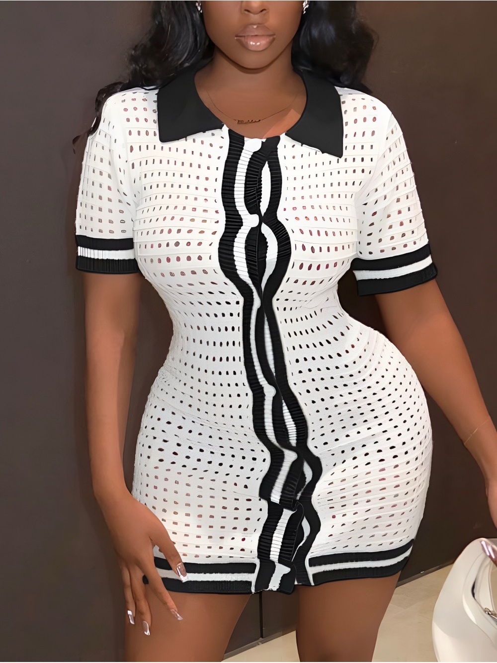 TFY COLLECTION White + Black Crochet Knit Polo Mini Dress XS SMALL
